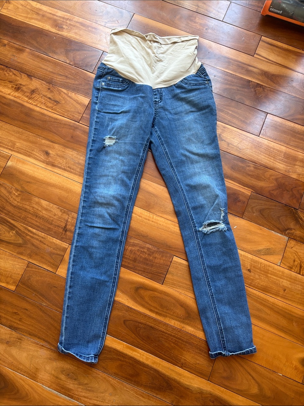 Indigo Blue Skinny Maternity Jeans in Blue with Beige Panel